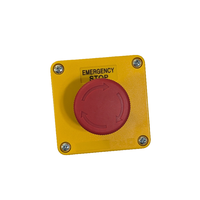 Yellow emergency stop button with red center on a white background