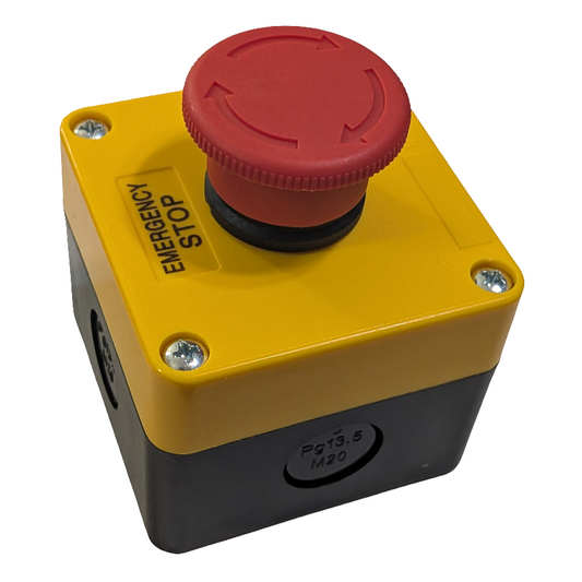 Emergency stop button with red knob on a yellow and black box